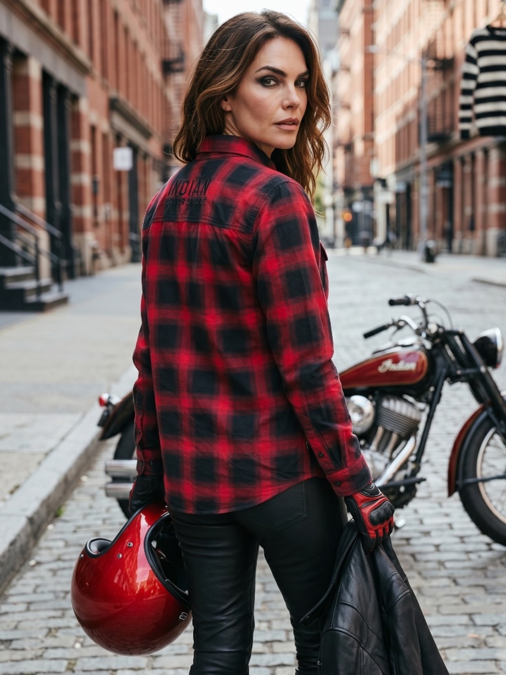 Indian Motorcycle black and red plaid cotton shirt with metal buttons size L